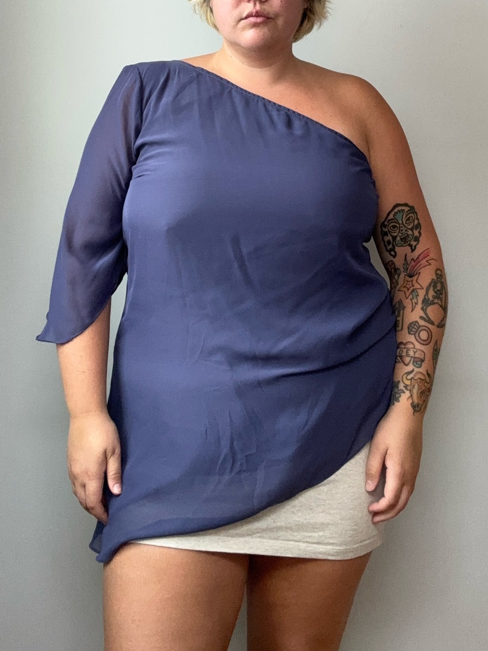 One-Shoulder Navy Blue Chiffon Tunic